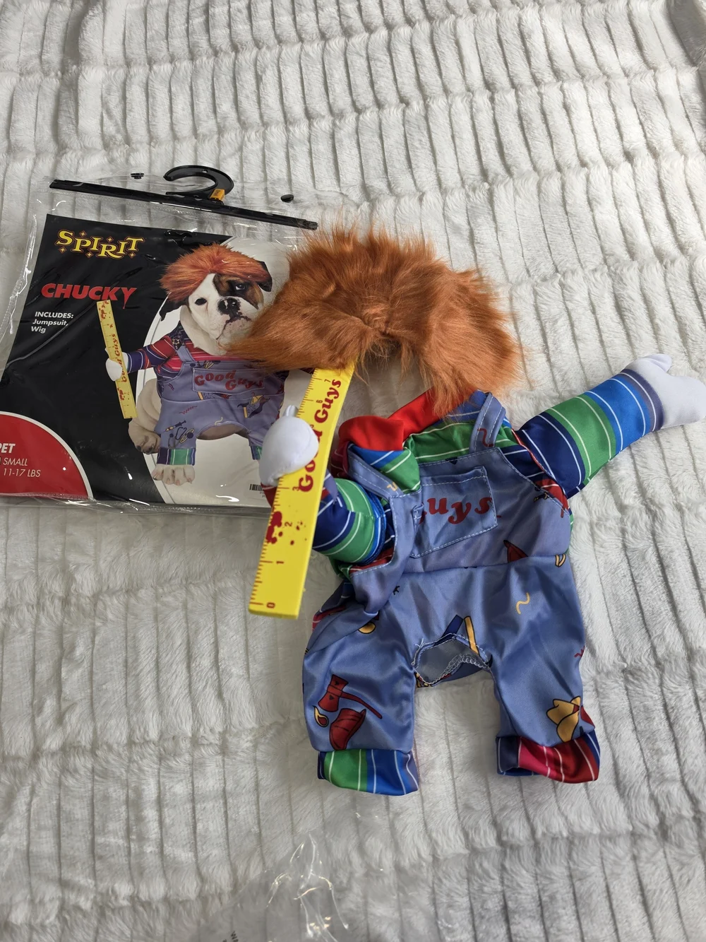 Spirit Chucky Dog Costume in Purple and Red with Orange Wig